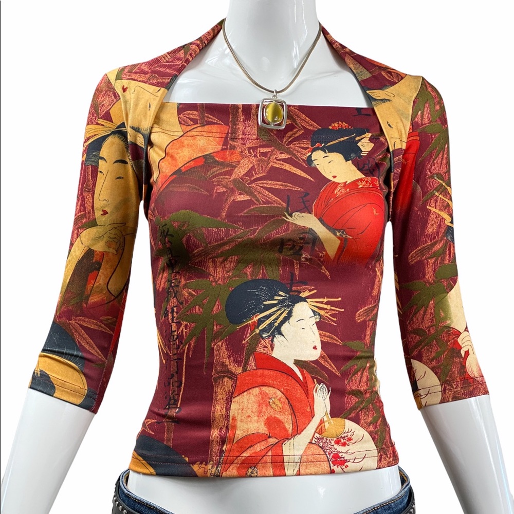 Vtg 90s 00s Digital Print Geisha Blouse